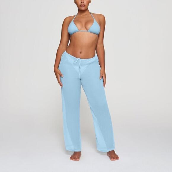 SKIMS Crinkle Silk Chiffon Cover Up Pants Drawstring Sheer Iris Blue NWT Size 4X - Picture 2 of 9